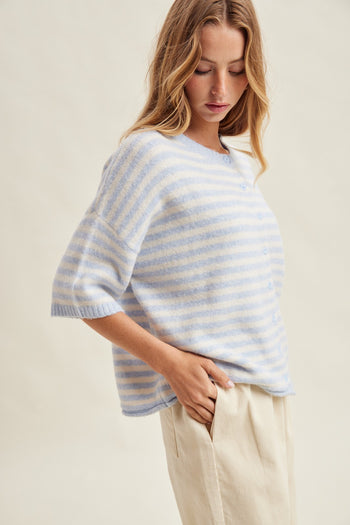 Wishlist Stripe Short Sleeve Cardigan in Sky/White