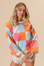 Load image into Gallery viewer, BiBi Multi-Colored Checkered Midweight Sweater in Orange/Pink/Denim
