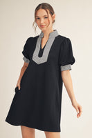 Jodifl Solid Color Shift Dress with Striped Accents in Black