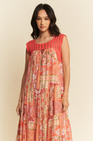 Davi & Dani Ethnic Print Maxi Dress with Open Crochet Straps in Coral Orange