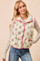 BiBi Quilted Floral Print Vest with Solid Color Piping Details in Cream/Pink