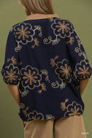 Umgee Floral Embroidered Split Neck Blouse in Navy