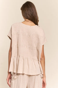 J.nna Solid Color Smocked Top in Light Beige