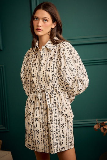 So Me Floral Collared Long Puff Long Sleeve Tie Waist Mini Dress in Cream