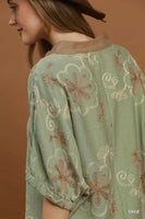 Umgee Floral Embroidered Split Neck Blouse in Sage