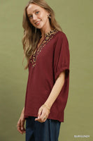 Umgee Leopard Trim Dolman Sleeve Blouse in Burgundy