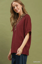 Load image into Gallery viewer, Umgee Leopard Trim Dolman Sleeve Blouse in Burgundy

