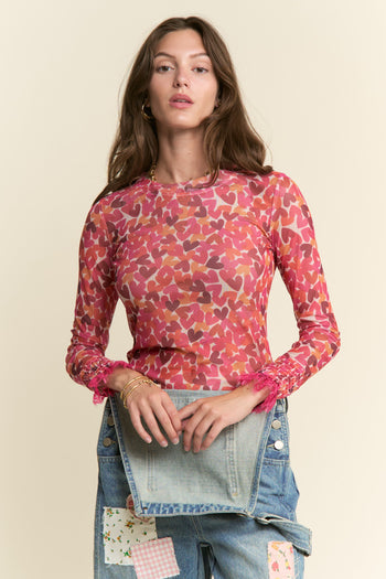 J.nna FITTED Mesh Heart Print Top in Red Hearts