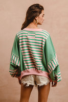 BiBi OVERSIZED Mixed Striped with Contrasting Color Panels Top in Blush/Emerald