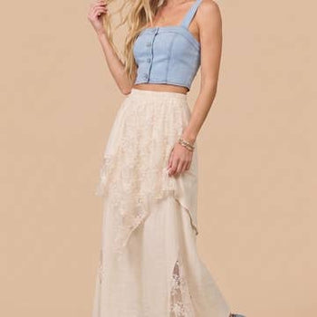 J.nna Boho-Chic Lace Blend Skirt in Cream
