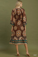 Umgee Abstract Print Belted Midi Dress in Rust