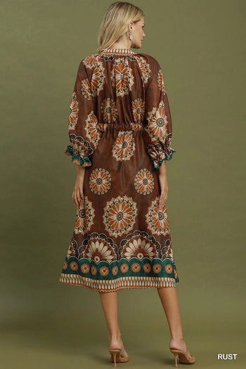 Umgee Abstract Print Belted Midi Dress in Rust