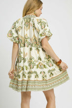 Load image into Gallery viewer, Umgee Boho Print Tiered Mini Dress in Light Olive Mix

