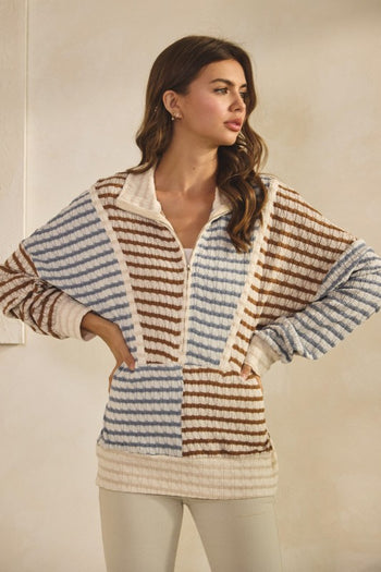 LovLov Contrasting Color Striped Textured Top in Multi Color