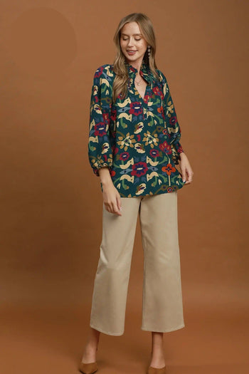 Umgee Floral Print Split Neck Blouse in Teal