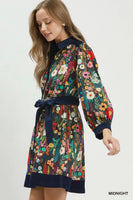 Umgee Floral Print Belted Puff Sleeve Mini Dress in Midnight