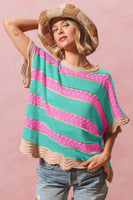 So Me Open Knit Multi Color Striped Top in Mint/Pink