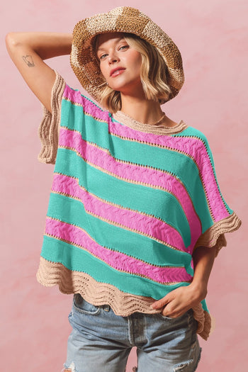 So Me Open Knit Multi Color Striped Top in Mint/Pink
