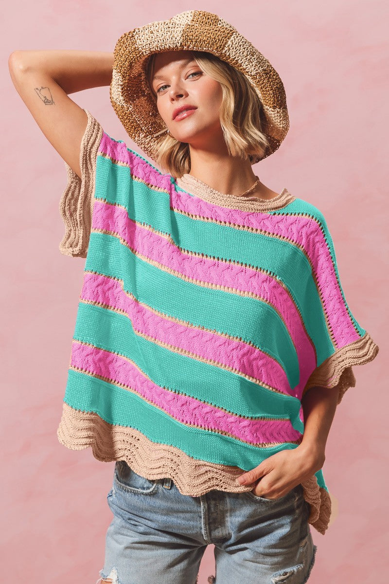 So Me Open Knit Multi Color Striped Top in Mint/Pink