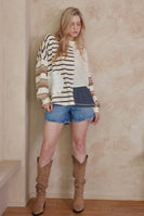mello. OVERSIZED Mixed Fabric Color Block Daisy Patch Top in Multi Brown