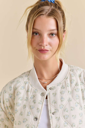 Main Strip Quilted Floral Print Bomber Jacket in Ivory/Blue