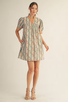 Jodifl Floral and Stripe Print Puff Sleeve Dress in Jade Mix