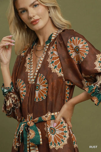 Umgee Abstract Print Belted Midi Dress in Rust