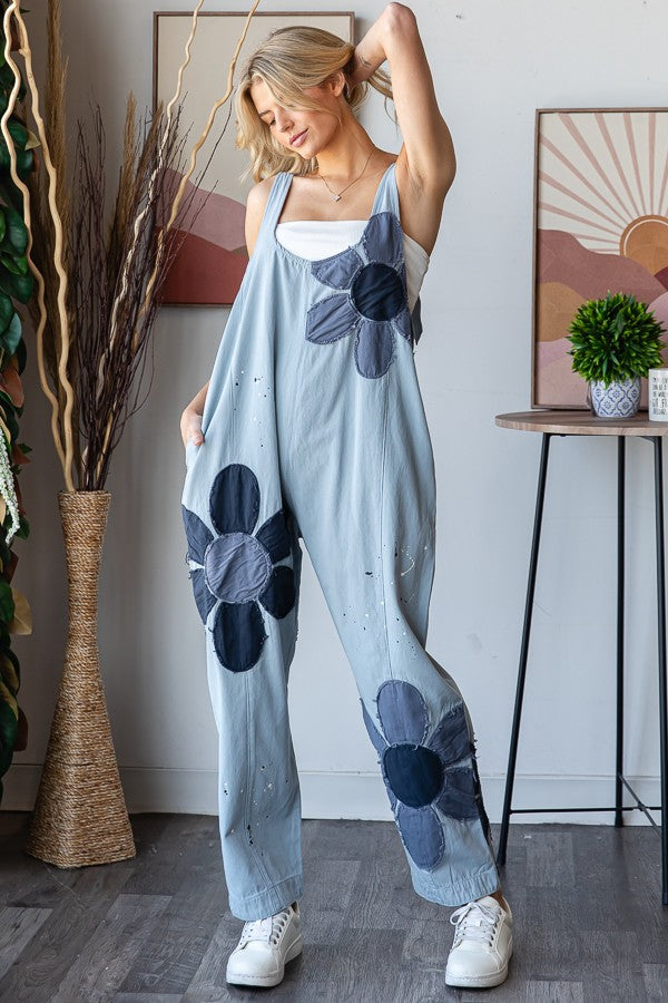 ゆ*な様 house on the hill Jumpsuit(flower) Oli & Hali Large Flower and Paint Splatter Jumpsuit in Light Blue