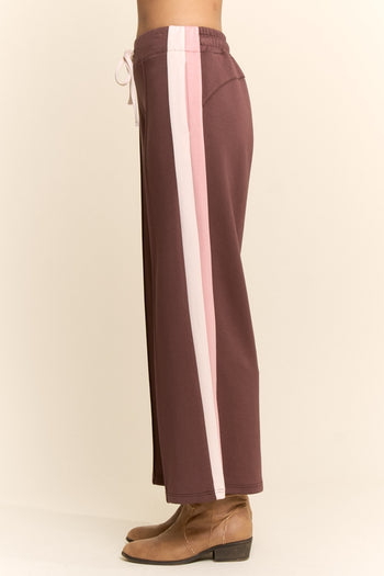 Davi & Dani Side Stripe Wide Leg Pants in Brown Pink