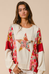 BiBi Mix n Match Knit and Print Top with Star Patch on Front in Oatmeal/Rust