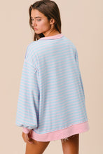 Load image into Gallery viewer, BiBi French Terry Striped Top with Uneven Hemline in Lt Blue/Blush
