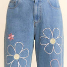 Davi & Dani Denim Cropped Pants with Flower Embroidery in Denim Blue