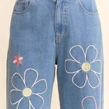 Davi & Dani Denim Cropped Pants with Flower Embroidery in Denim Blue