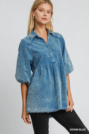 Umgee Stone Washed Corduroy Tunic Top in Denim Blue