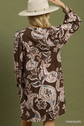 Umgee Paisley Floral V-Neck Babydoll Dress in Chocolate