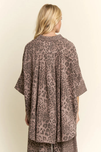 Davi & Dani Oversized Button Down Top in Mocha Leopard