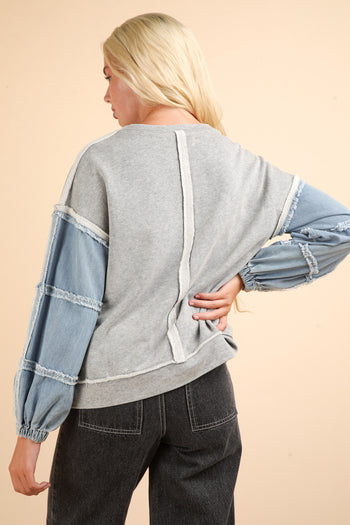 Very J OVERSIZED Terry Knit Top with Denim Sleeves in Heather Grey