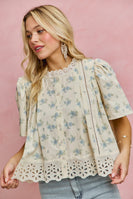 So Me Floral Print Lace Trim Blouse Top in Blue