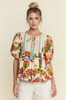 J.nna Mixed Floral and Striped Babydoll Top in Rust Multi
