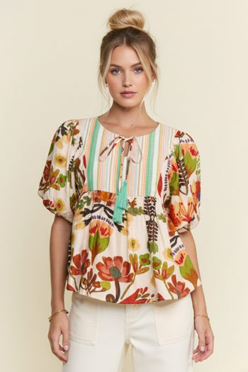 J.nna Mixed Floral and Striped Babydoll Top in Rust Multi