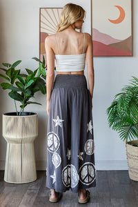 Oli & Hali Smocked Waistband Pants with Peace Sign and Star Patches in Charcoal