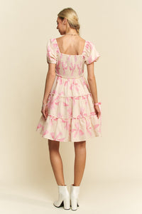 Davi & Dani Bow Print Tiered Mini Dress in Pink