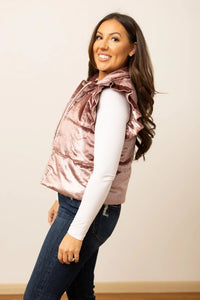 Grace+Emma FITTED Shimmer Puffer Vest with Ruffle Details in Champagne