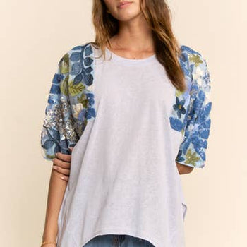Davi & Dani Knit Top with Sequin Floral Sleeves in Light Blue