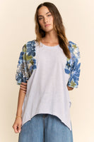 Davi & Dani Knit Top with Sequin Floral Sleeves in Light Blue