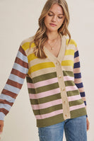 In February Playful Color Story Multi Color Stripe Button-down Cardigan in Natural/Olive Mix