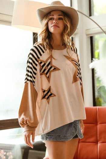 BiBi Star Patched Mixed Print Top in Oatmeal