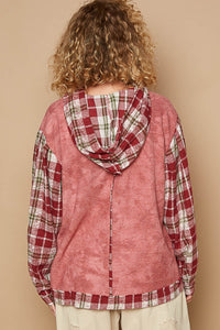 POL Tie Dyed Thermal Knit Top with Contrasting Plaid Sleeves and Star Patch in Redbean Multi