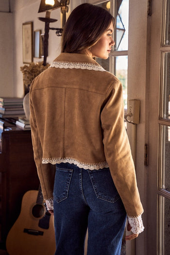 So Me Suede Jacket with Contrasting lace Trim in Camel