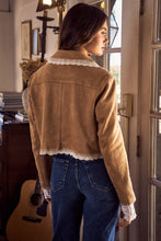 Load image into Gallery viewer, So Me Suede Jacket with Contrasting lace Trim in Camel
